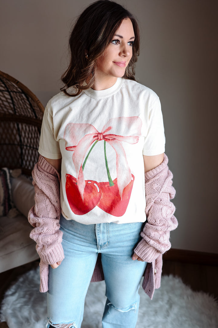 Cherry Bow Graphic Tee - Ivory