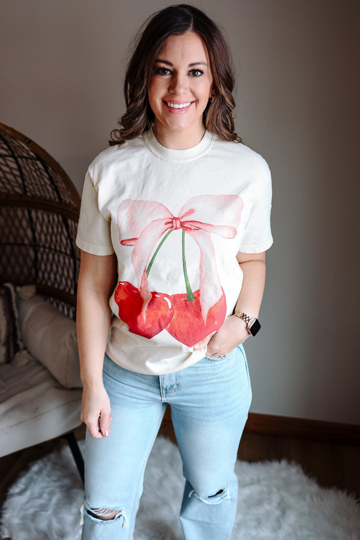 Cherry Bow Graphic Tee - Ivory