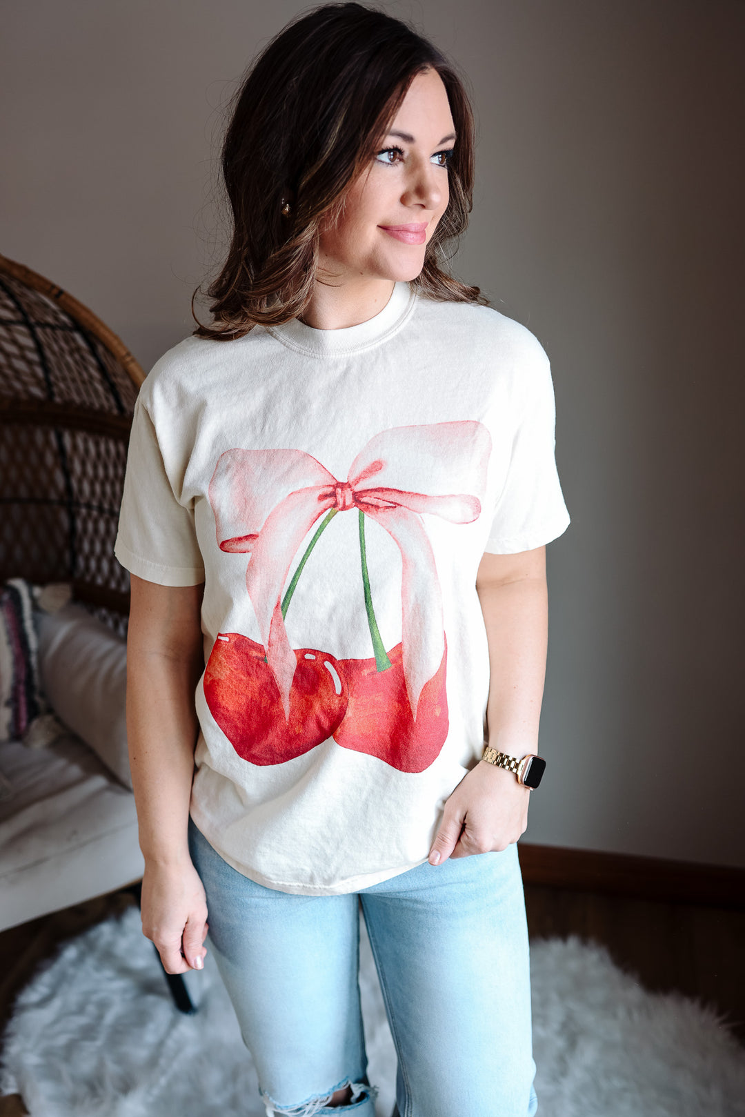 Cherry Bow Graphic Tee - Ivory