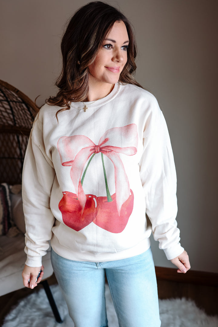 Cherry Bow Graphic Sweatshirt - Sweet Cream Heather