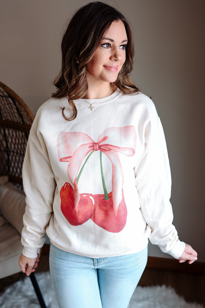 Cherry Bow Graphic Sweatshirt - Sweet Cream Heather