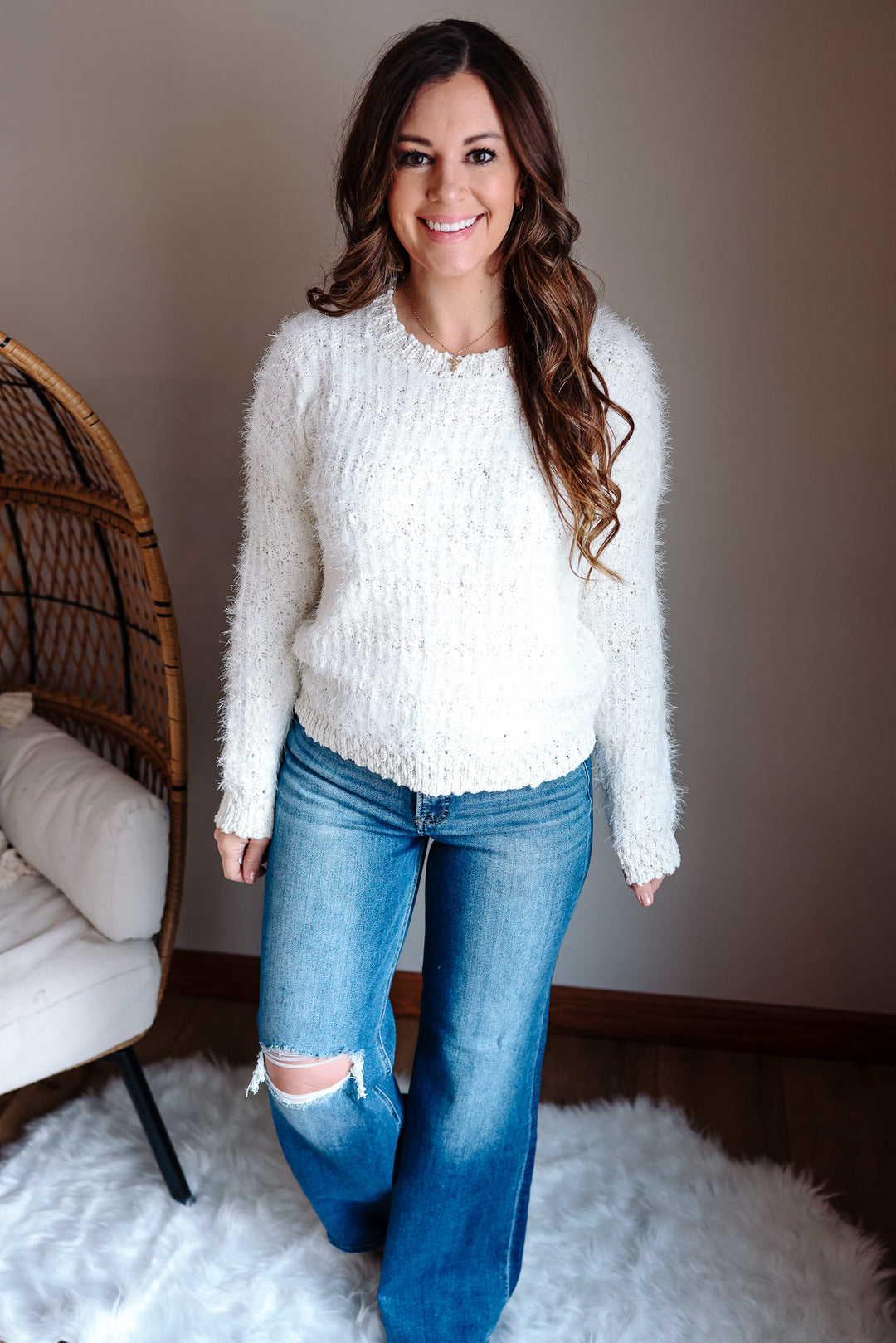 Delta Fluffy Tweed Sweater - White