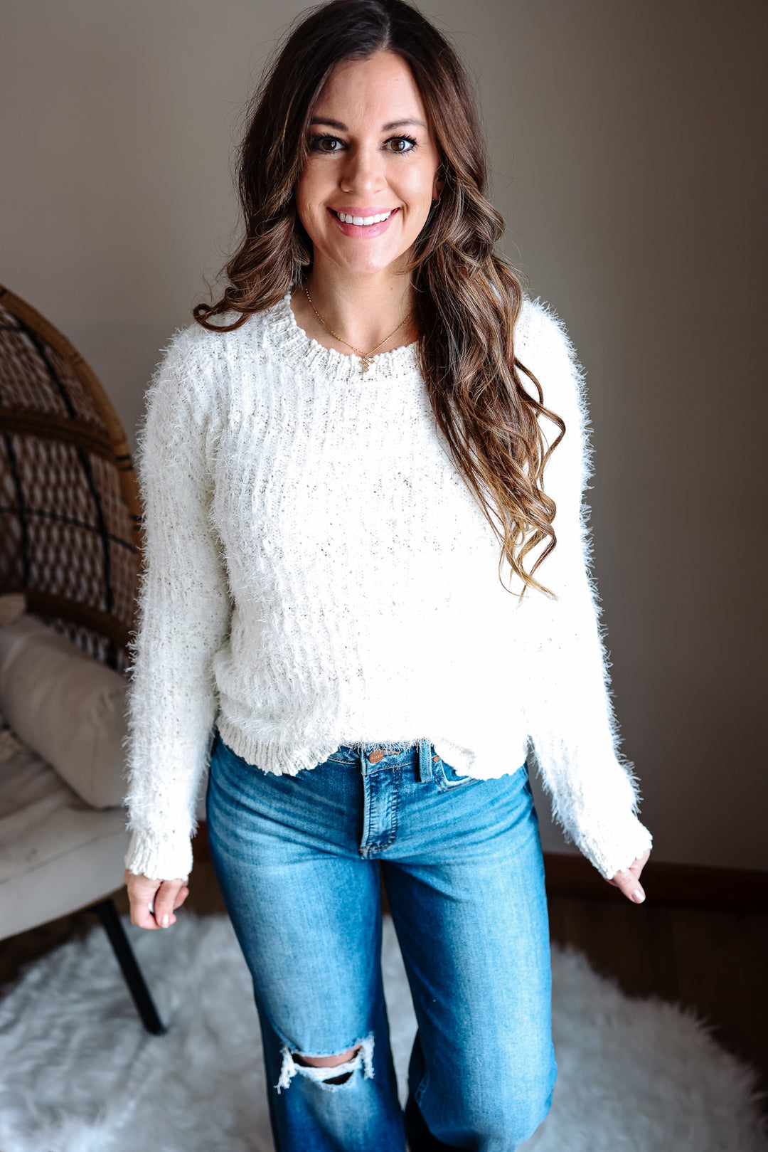 Delta Fluffy Tweed Sweater - White