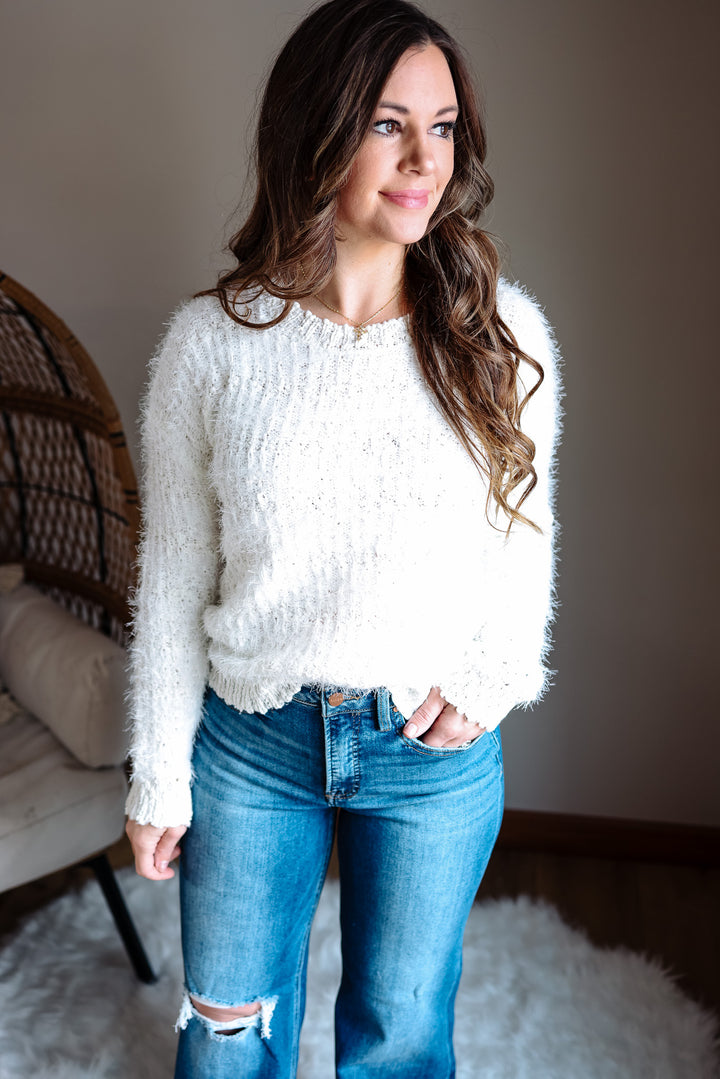 Delta Fluffy Tweed Sweater - White