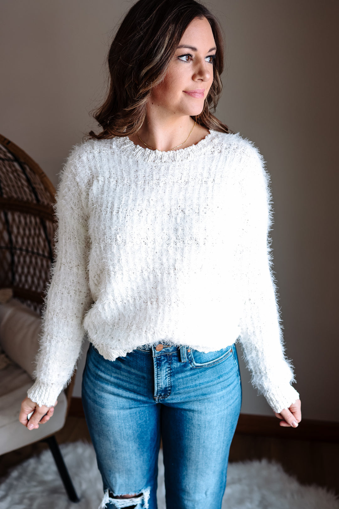 Delta Fluffy Tweed Sweater - White