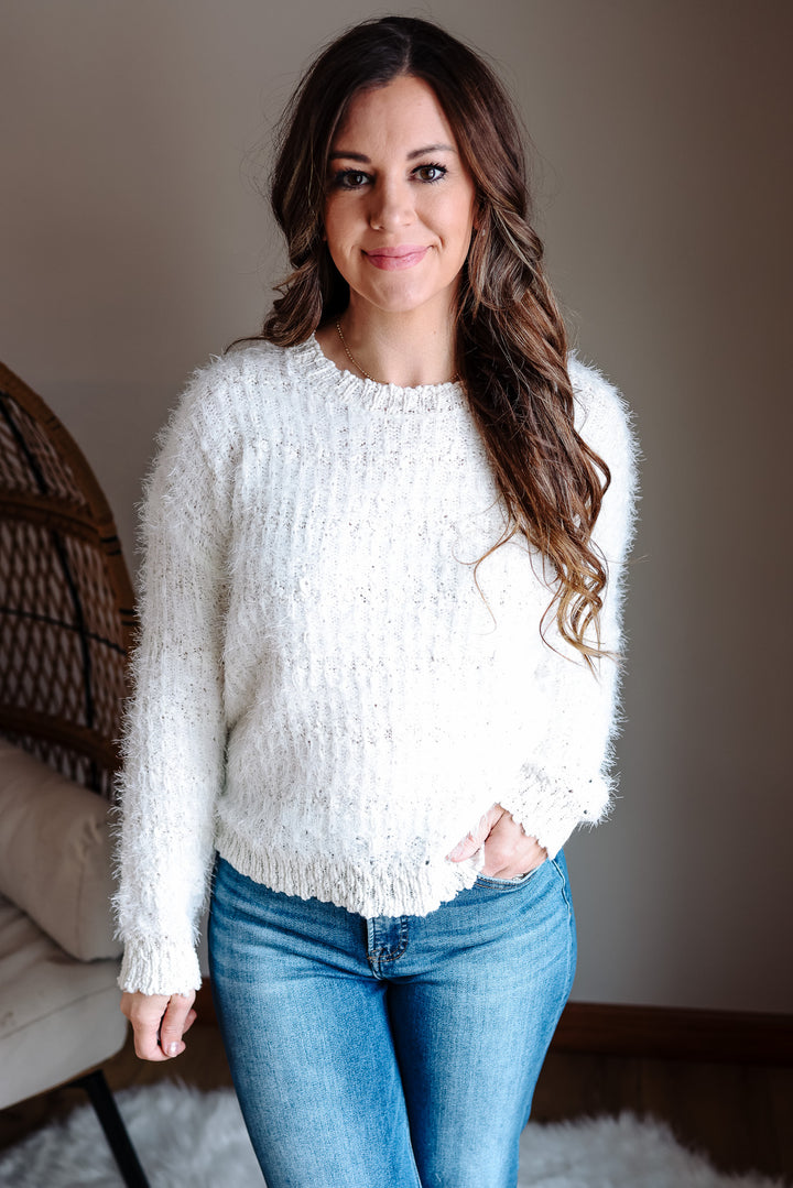 Delta Fluffy Tweed Sweater - White