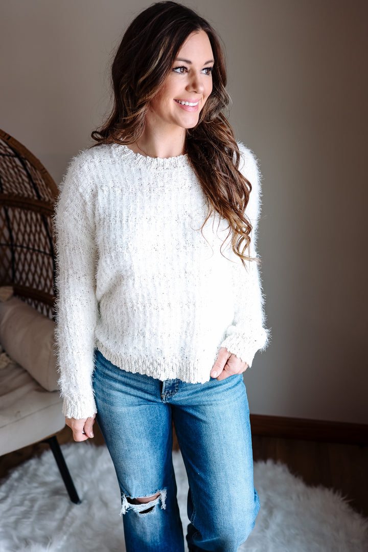 Delta Fluffy Tweed Sweater - White