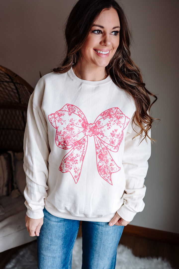 Pink Toile Bow Graphic Sweatshirt - Sweet Cream Heather