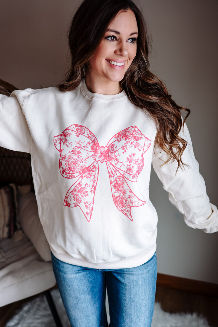 Pink Toile Bow Graphic Sweatshirt - Sweet Cream Heather