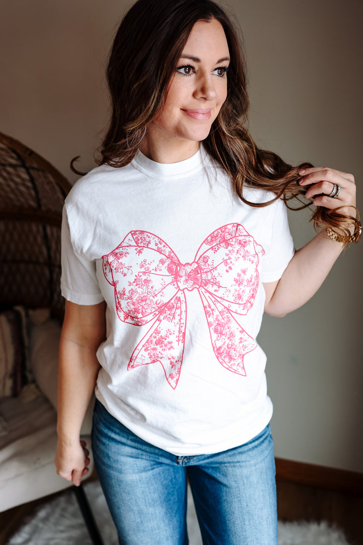 Pink Toile Bow Graphic Tee - White