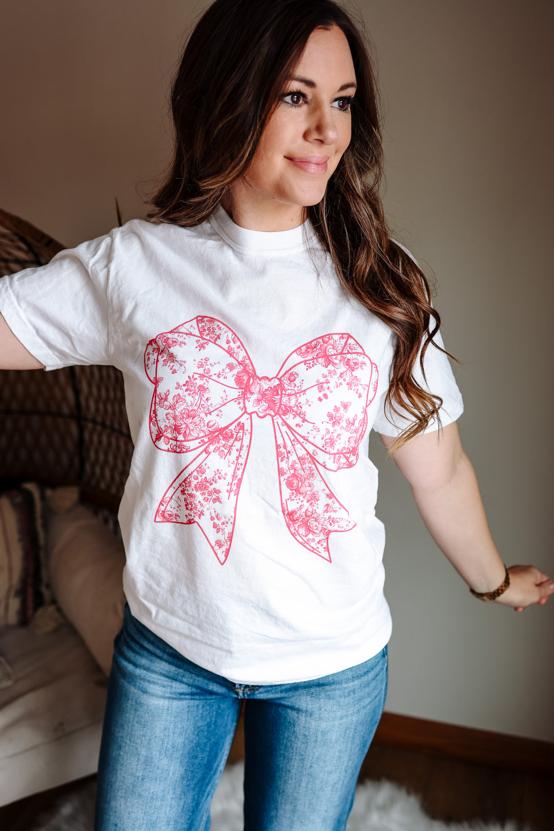 Pink Toile Bow Graphic Tee - White