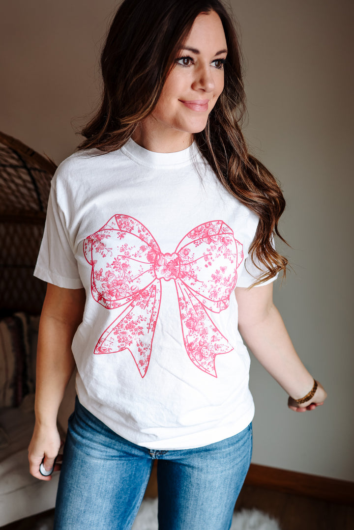 Pink Toile Bow Graphic Tee - White