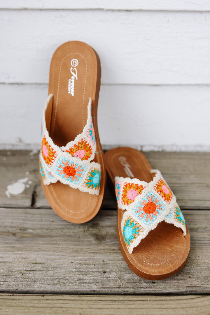 Cross Strap Floral Crochet Sandal - Beige