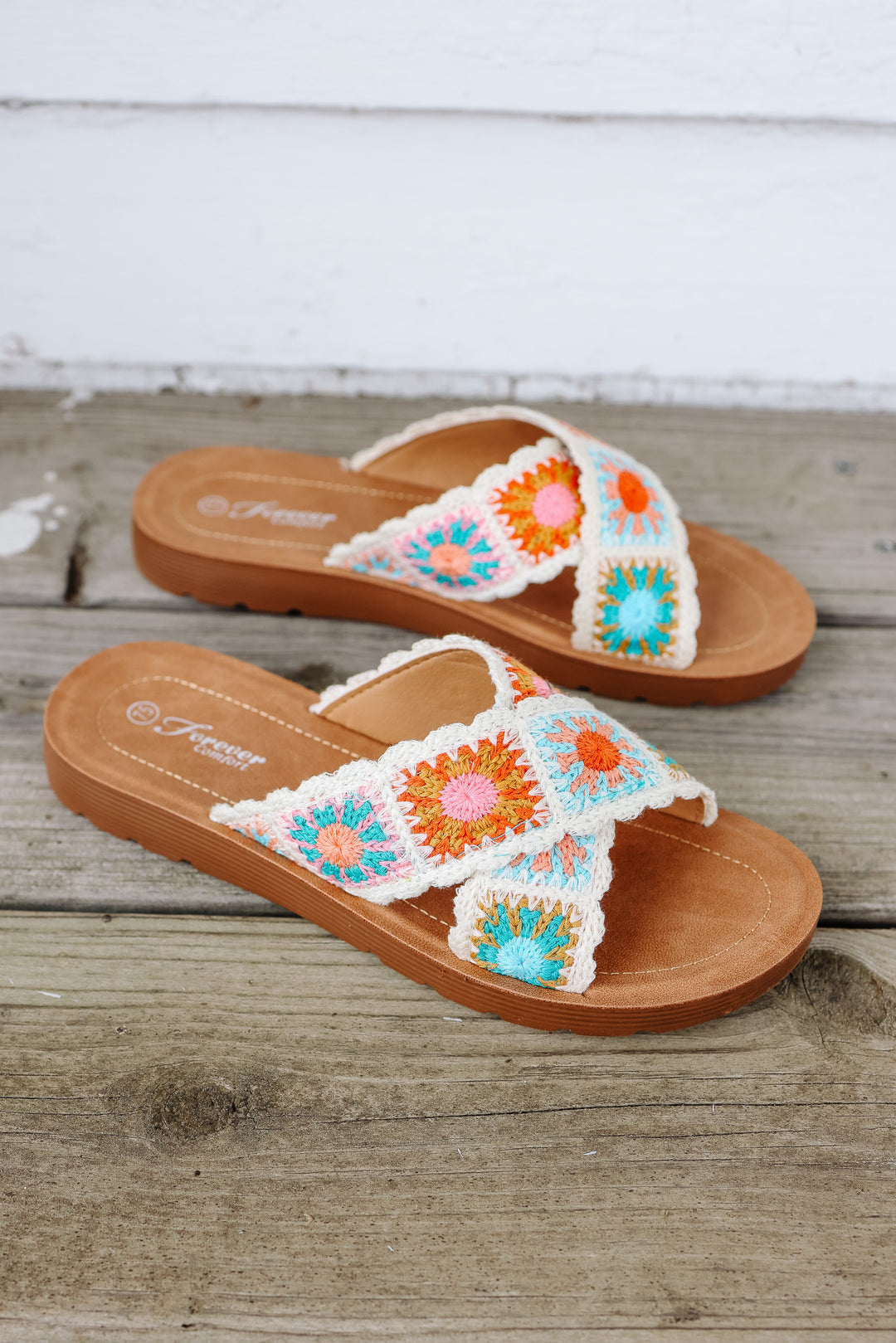 Cross Strap Floral Crochet Sandal - Beige