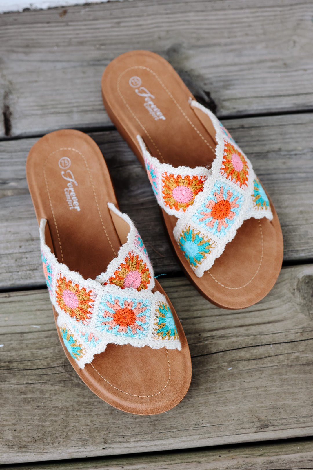 Cross Strap Floral Crochet Sandal - Beige