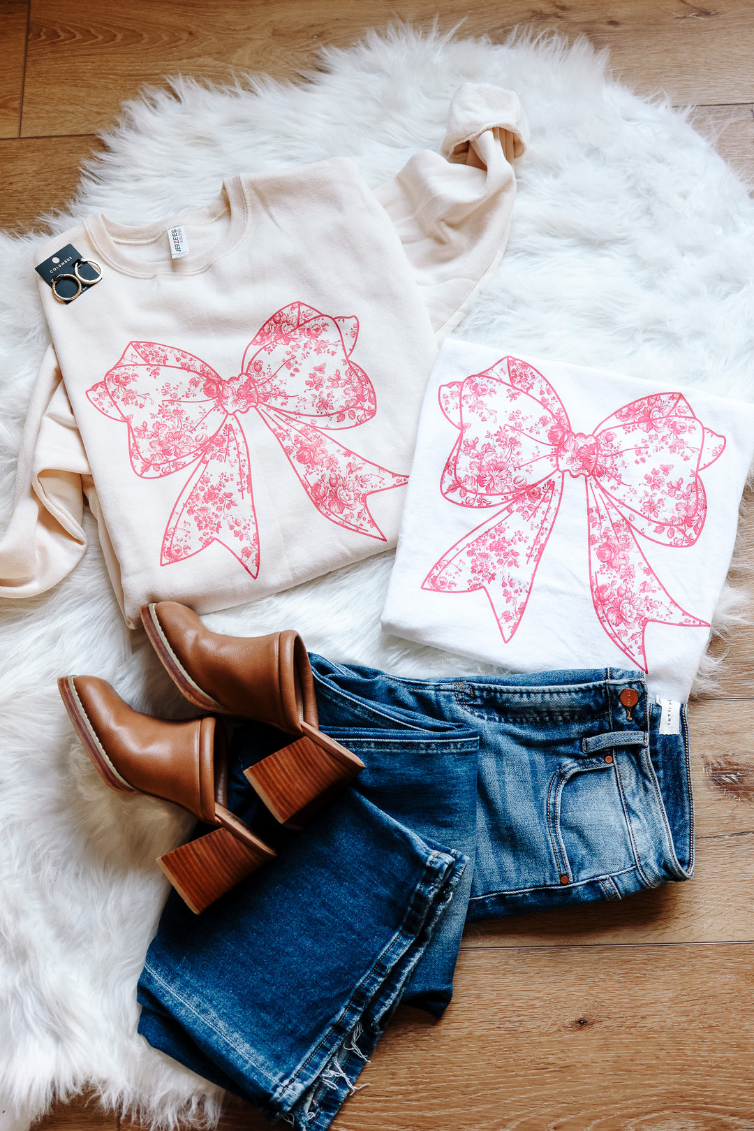 Pink Toile Bow Graphic Tee - White