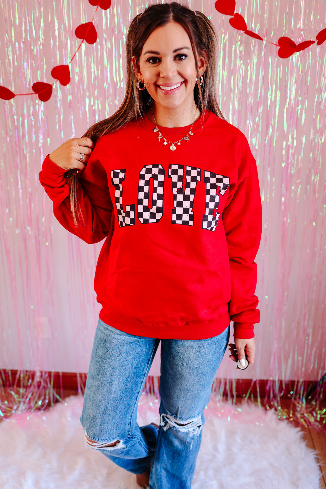 Checkered Love Crewneck Sweatshirt - True Red