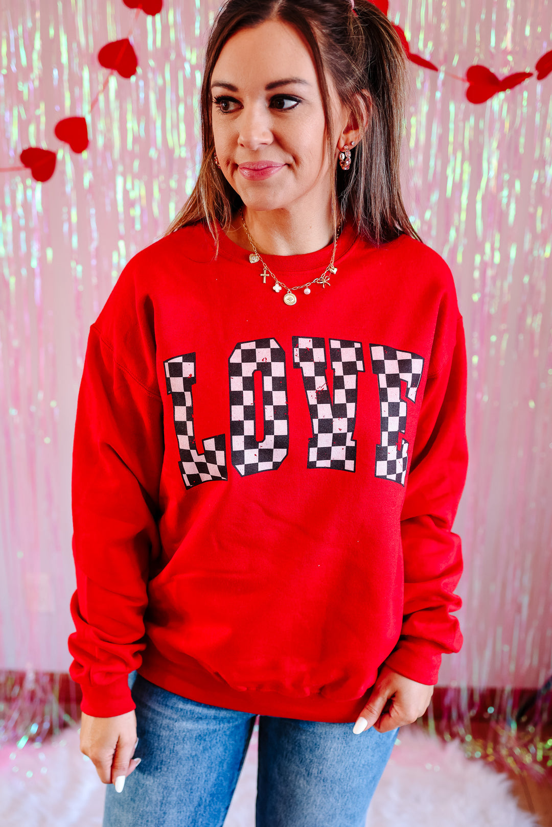 Checkered Love Crewneck Sweatshirt - True Red