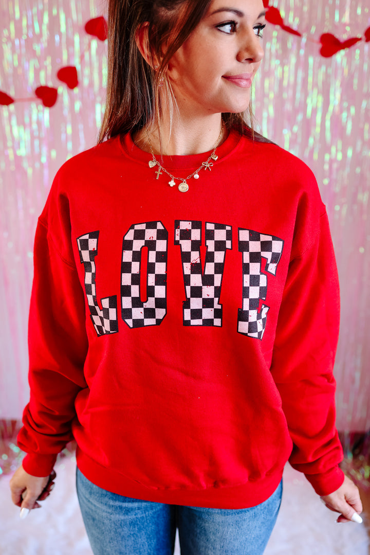 Checkered Love Crewneck Sweatshirt - True Red