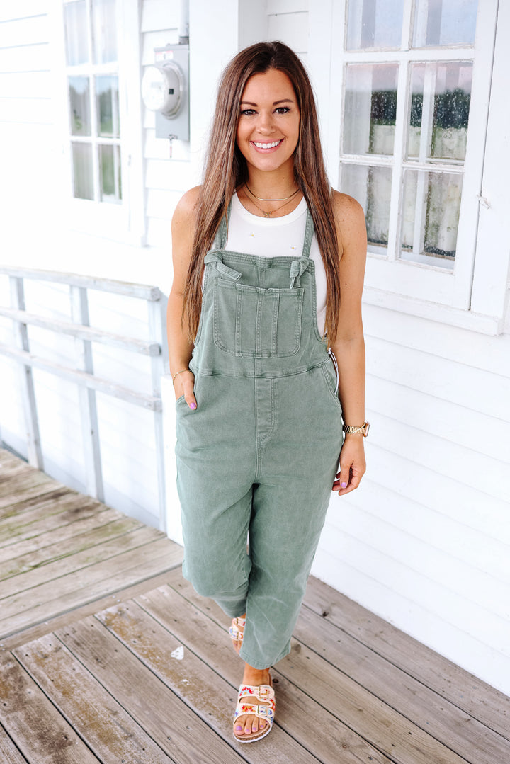 River Washed Knot Strap Overalls - Olive