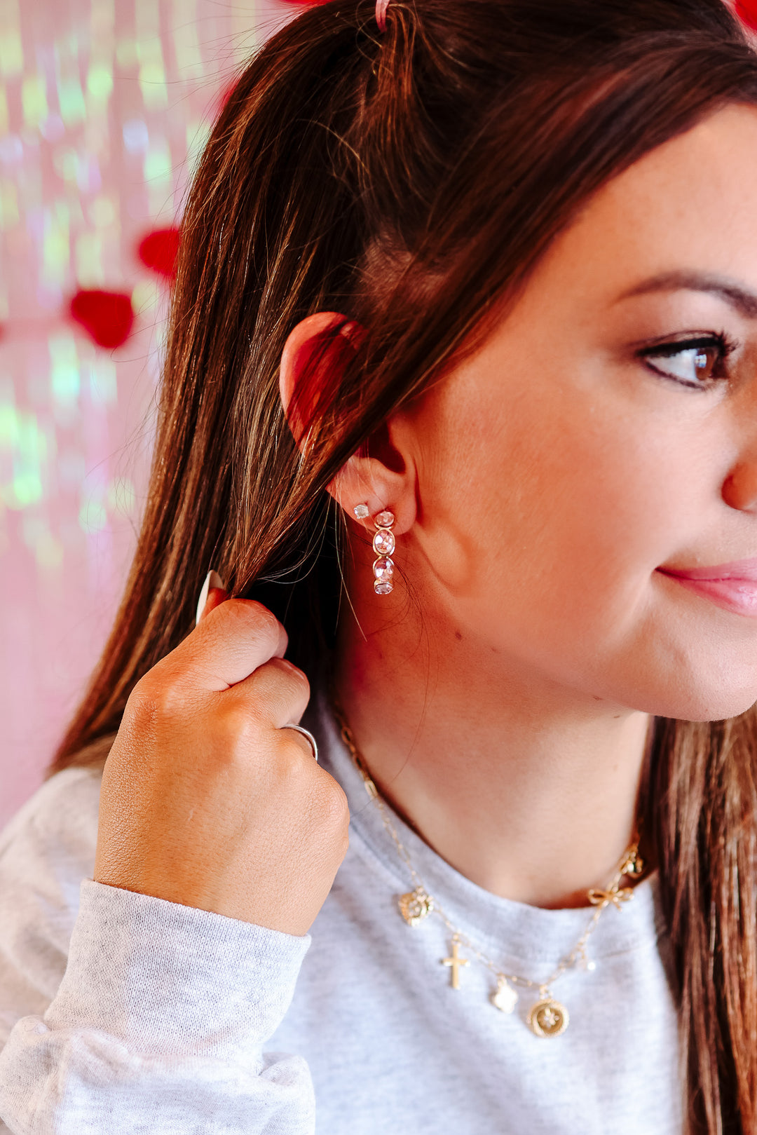 Rhinestone Bubble Hoop Earrings - Light Pink