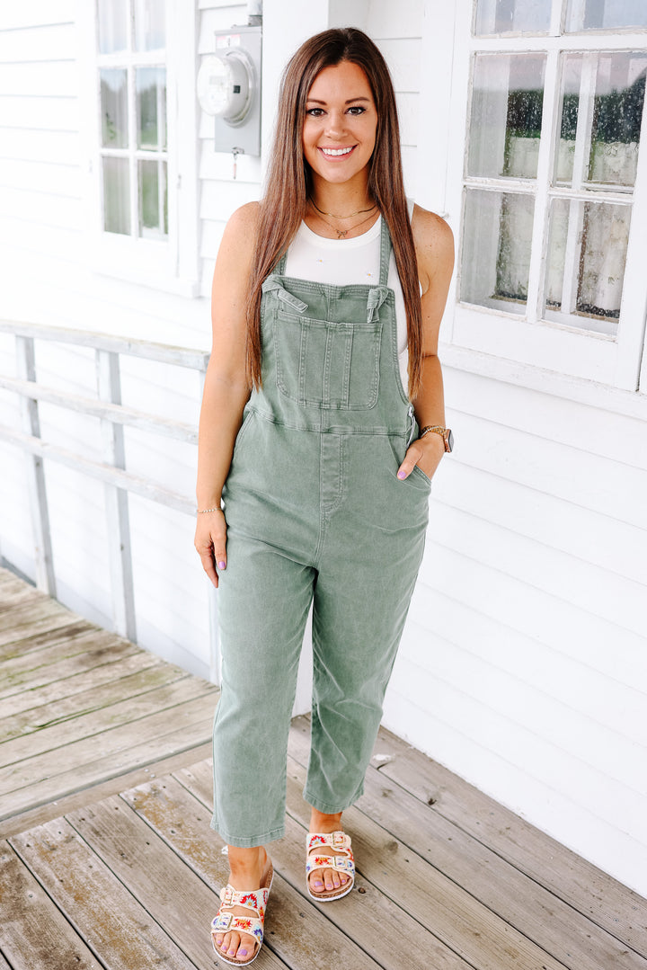 River Washed Knot Strap Overalls - Olive