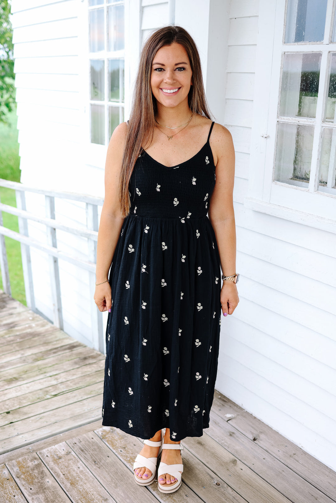 Charlotte Embroidered Smocked Dress - Black