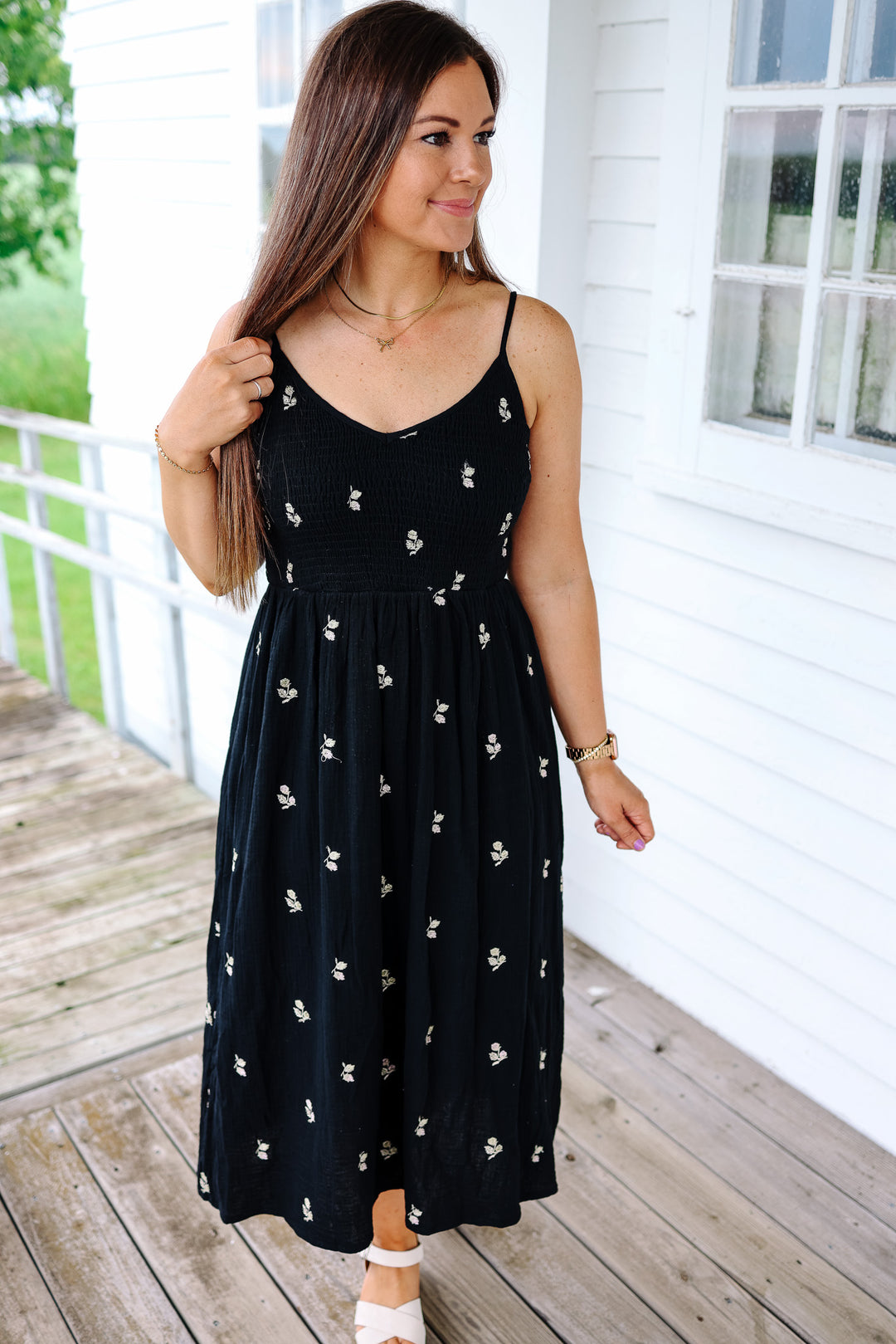 Charlotte Embroidered Smocked Dress - Black