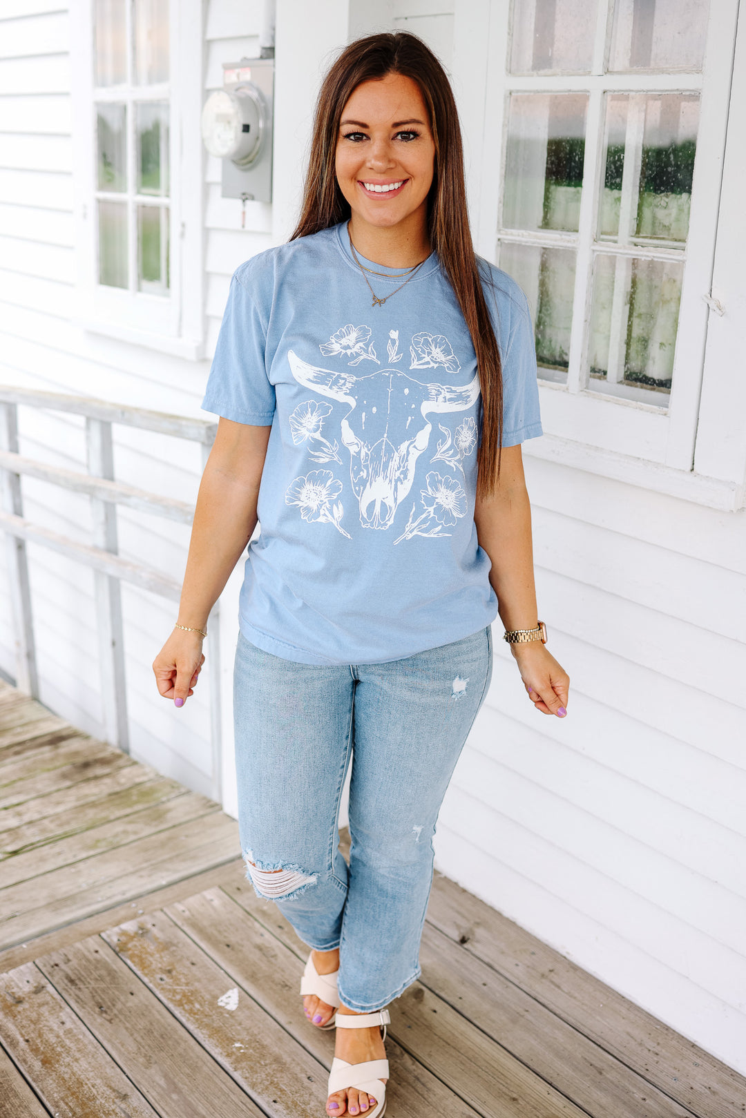 Floral Bull Skull Graphic Tee - Washed Denim