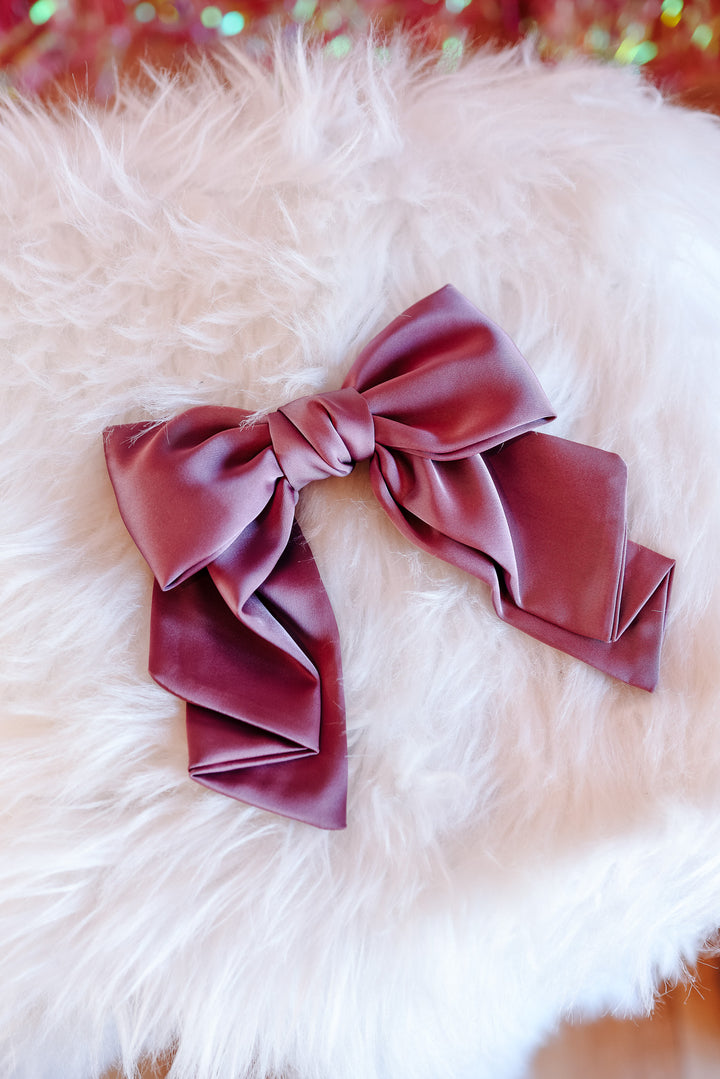 Solid Satin Bow Ribbon Hair Clip - Mauve