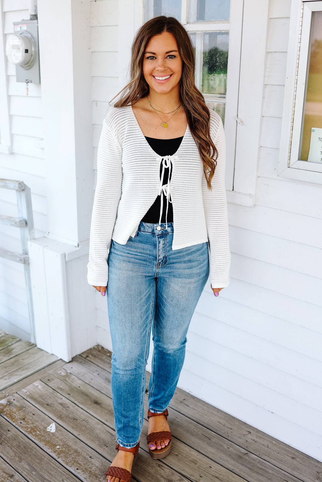 Selah Textured Self Tie Cardigan - Ivory