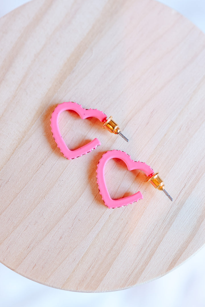 Matte Heart Hoop Pave Stone Earrings - Pink