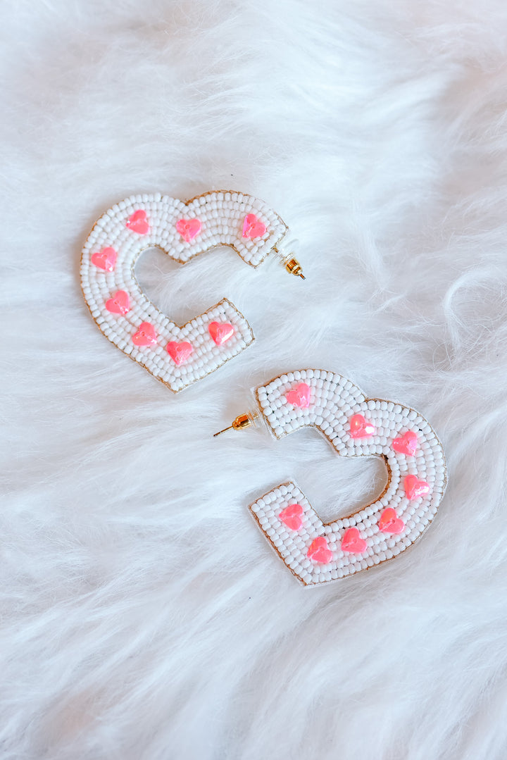 Beaded Heart Hoop Earrings - White