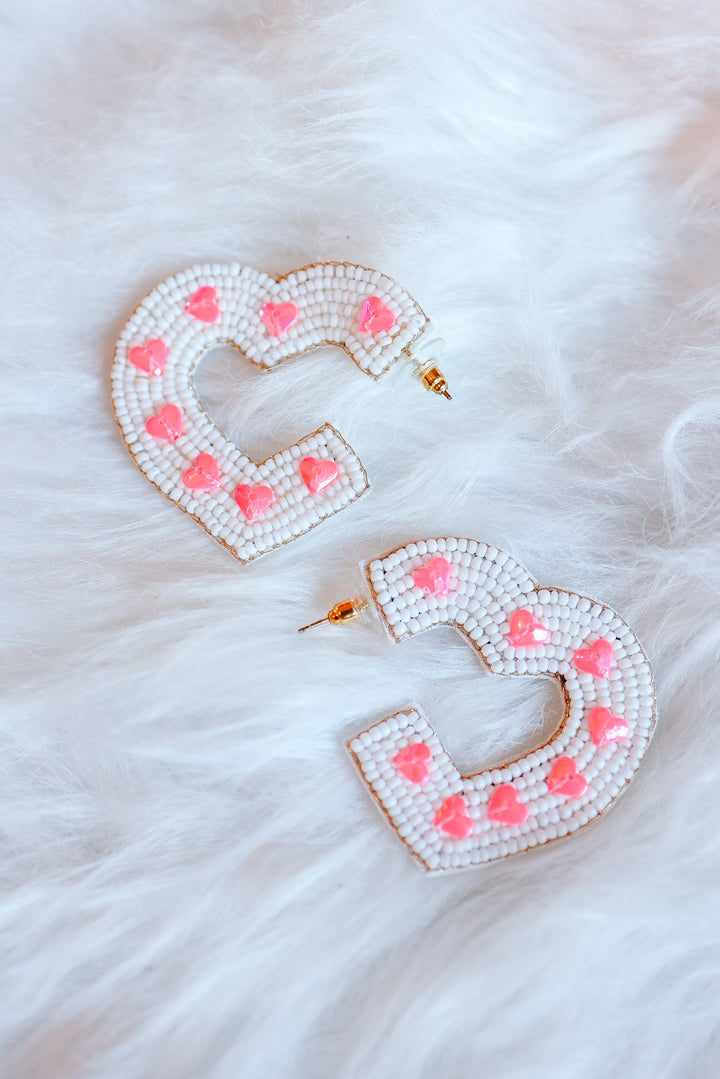 Beaded Heart Hoop Earrings - White