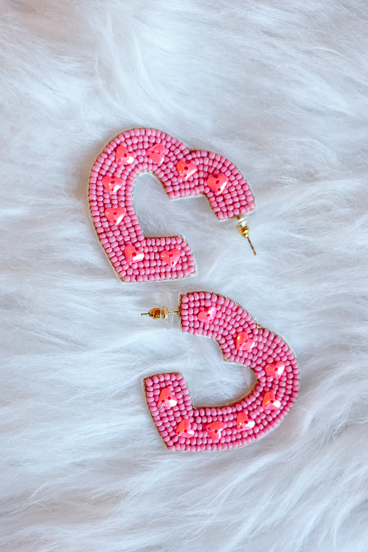 Beaded Heart Hoop Earrings - Pink