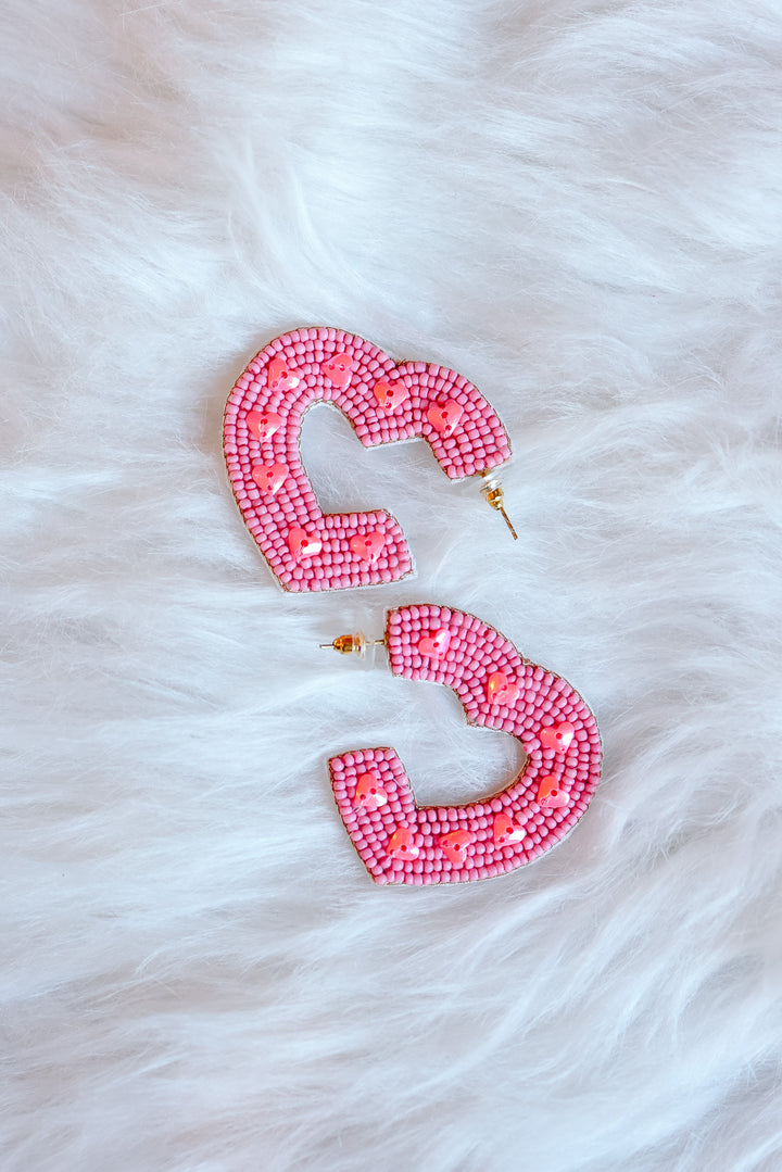 Beaded Heart Hoop Earrings - Pink