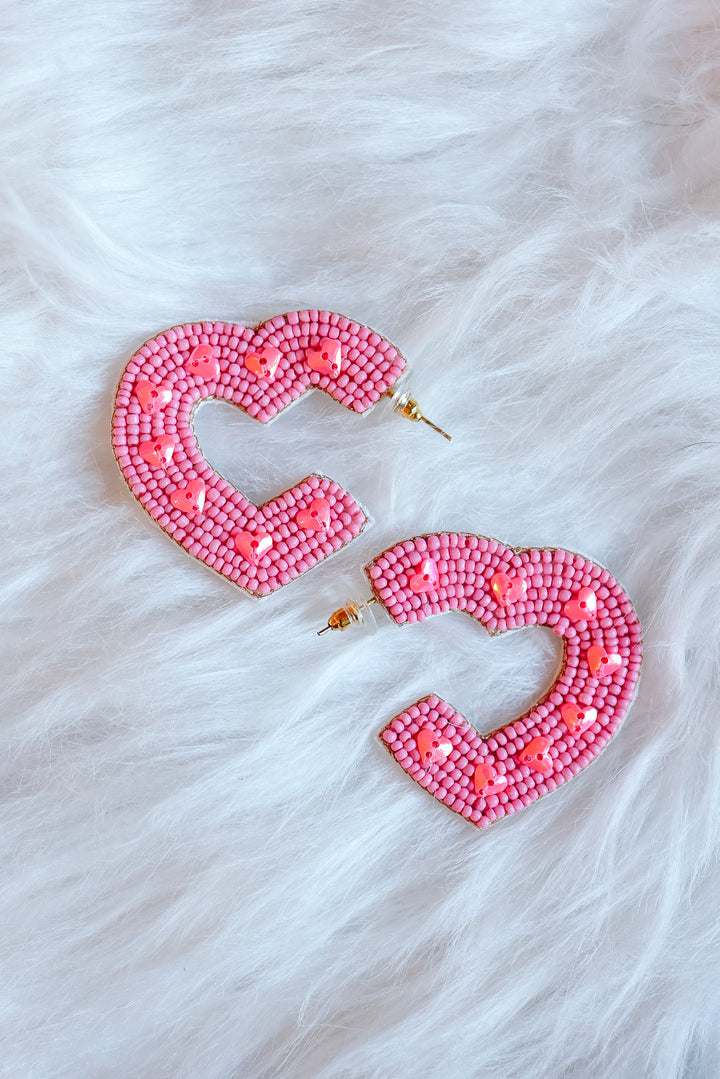 Beaded Heart Hoop Earrings - Pink