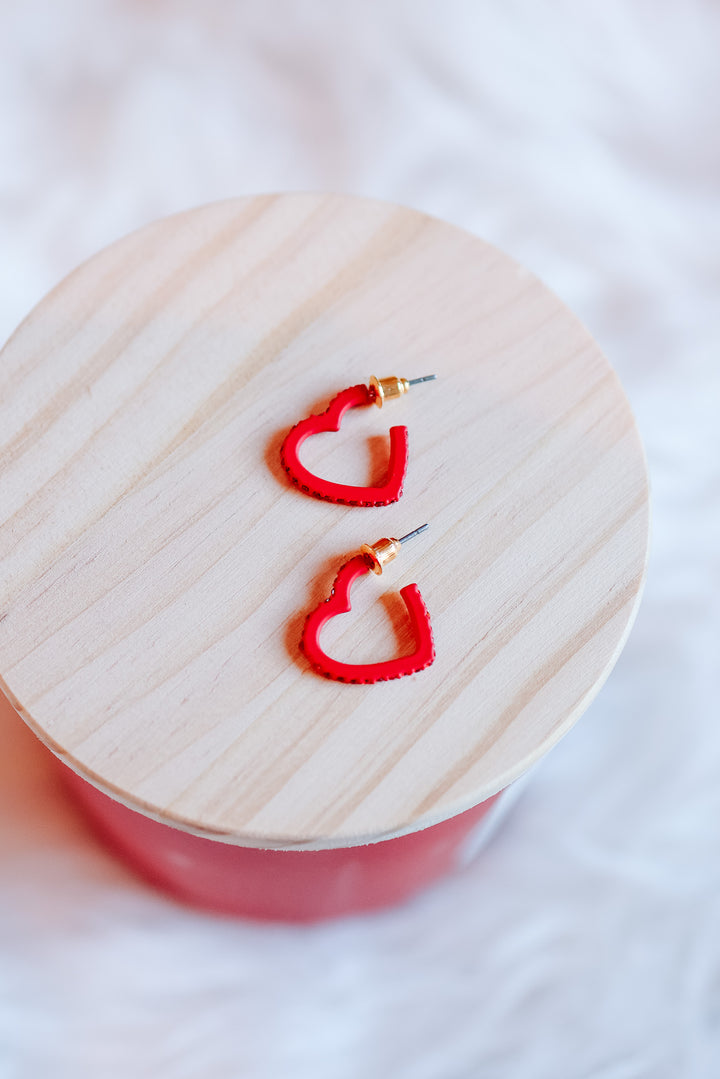 Matte Heart Hoop Pave Stone Earrings - Red