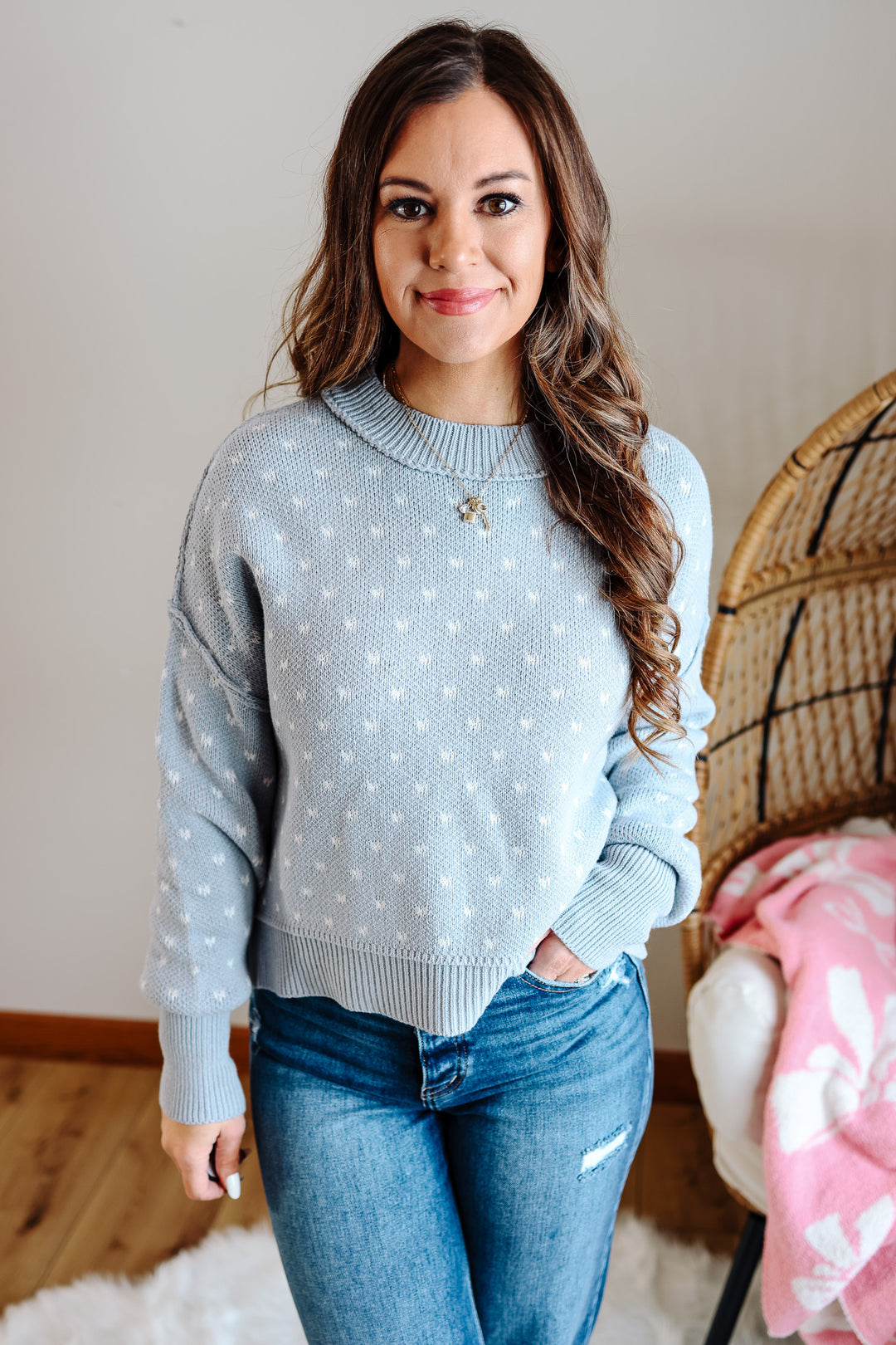 Dottie Heart Pattern Sweater - Blue Grey