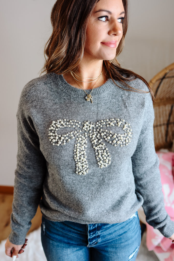 Pearl Bow Crewneck Sweater - Grey