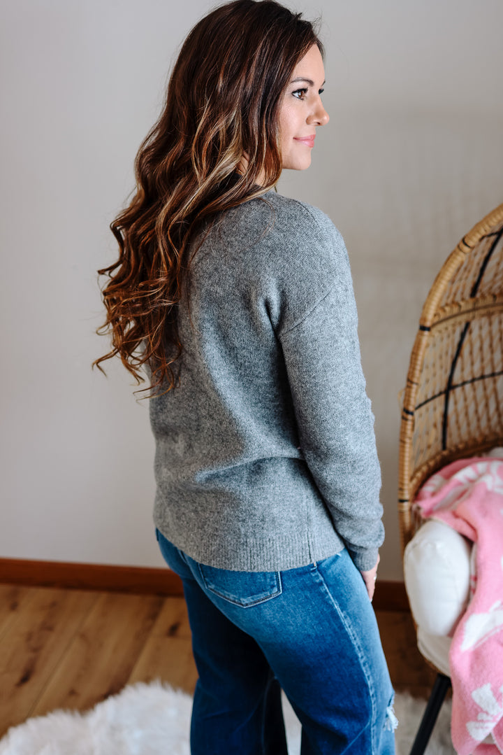 Pearl Bow Crewneck Sweater - Grey