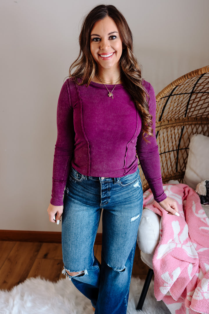 Sadie Ribbed Henley - Grape