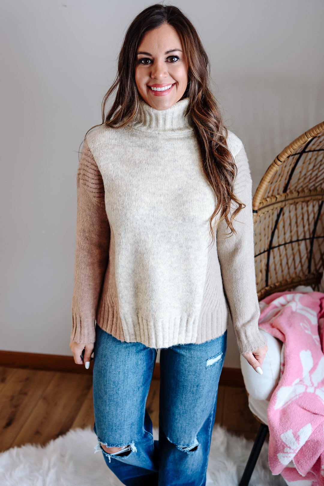 Hattie Brushed Yarn Turtleneck Sweater - Mauve/Taupe