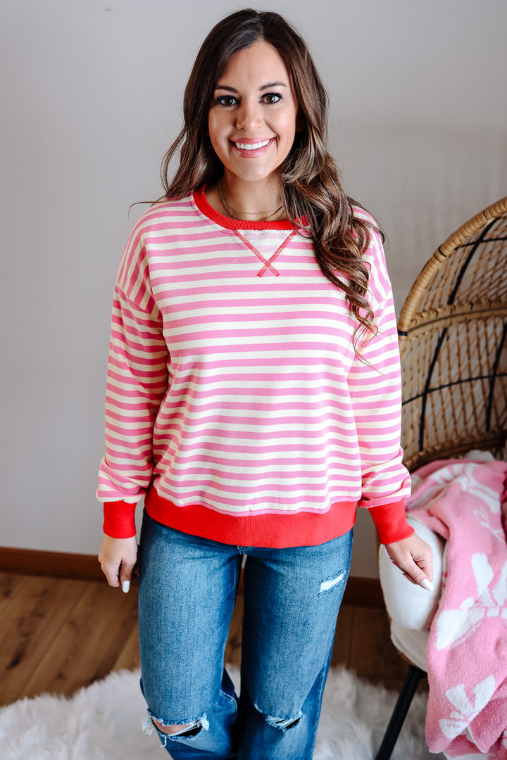 Nori Contrast Rib Stripe Sweatshirt - Cotton Candy