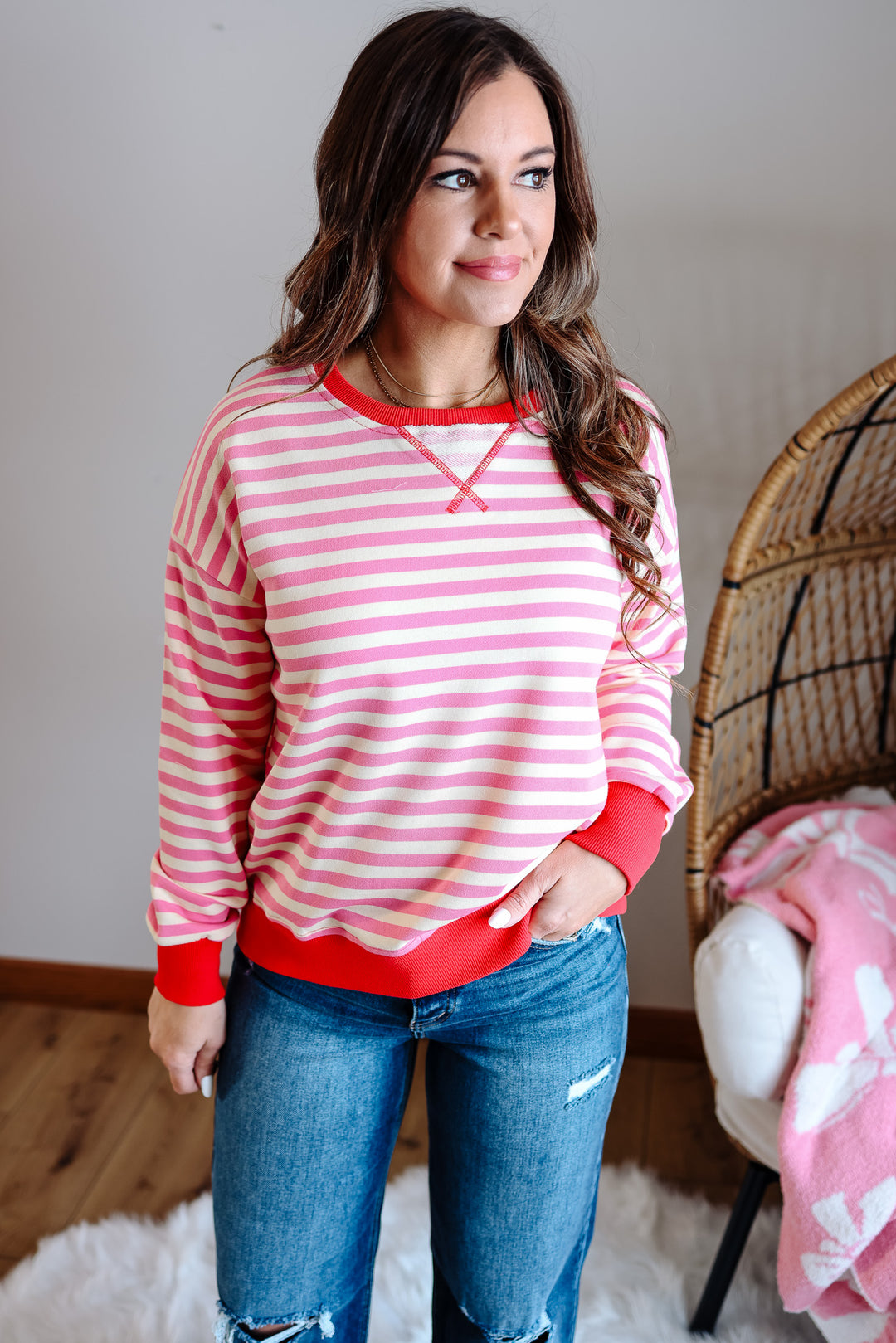 Nori Contrast Rib Stripe Sweatshirt - Cotton Candy