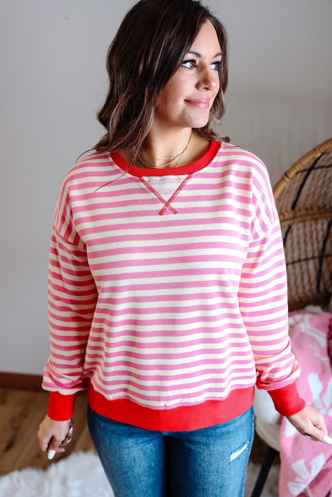 Nori Contrast Rib Stripe Sweatshirt - Cotton Candy