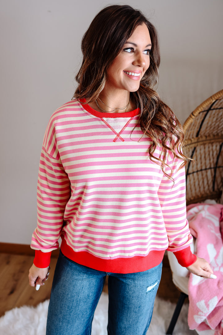 Nori Contrast Rib Stripe Sweatshirt - Cotton Candy