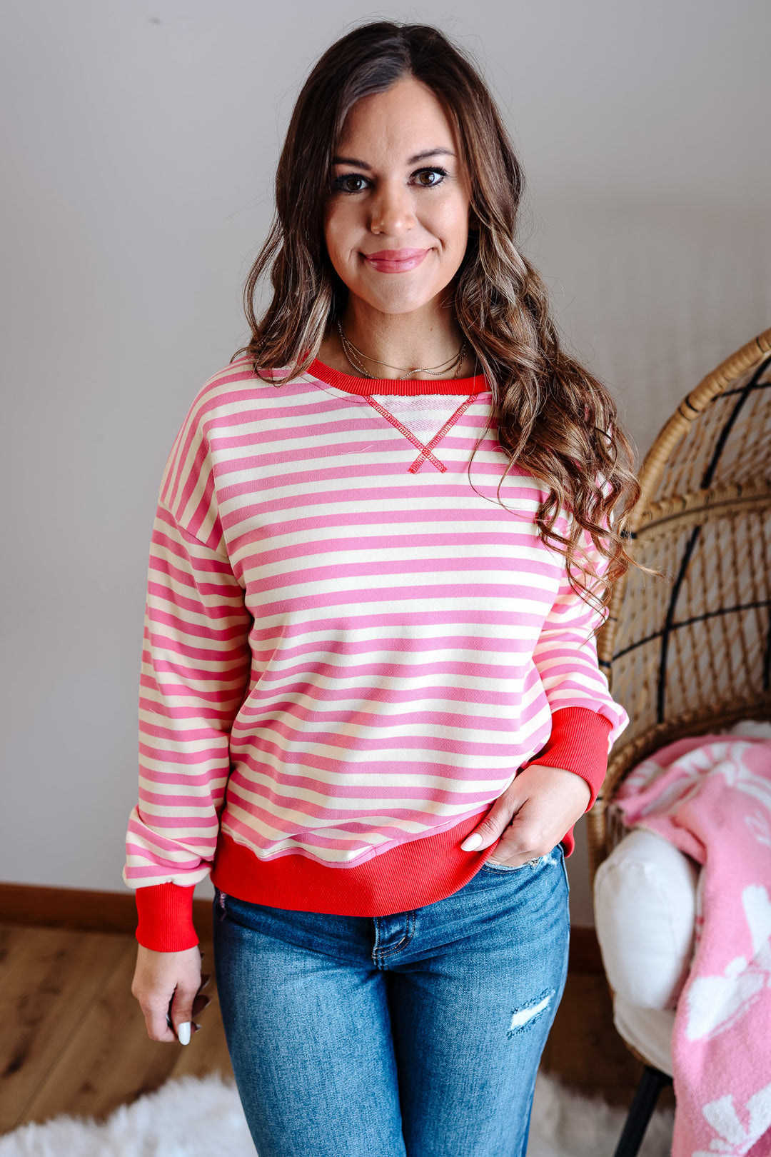 Nori Contrast Rib Stripe Sweatshirt - Cotton Candy