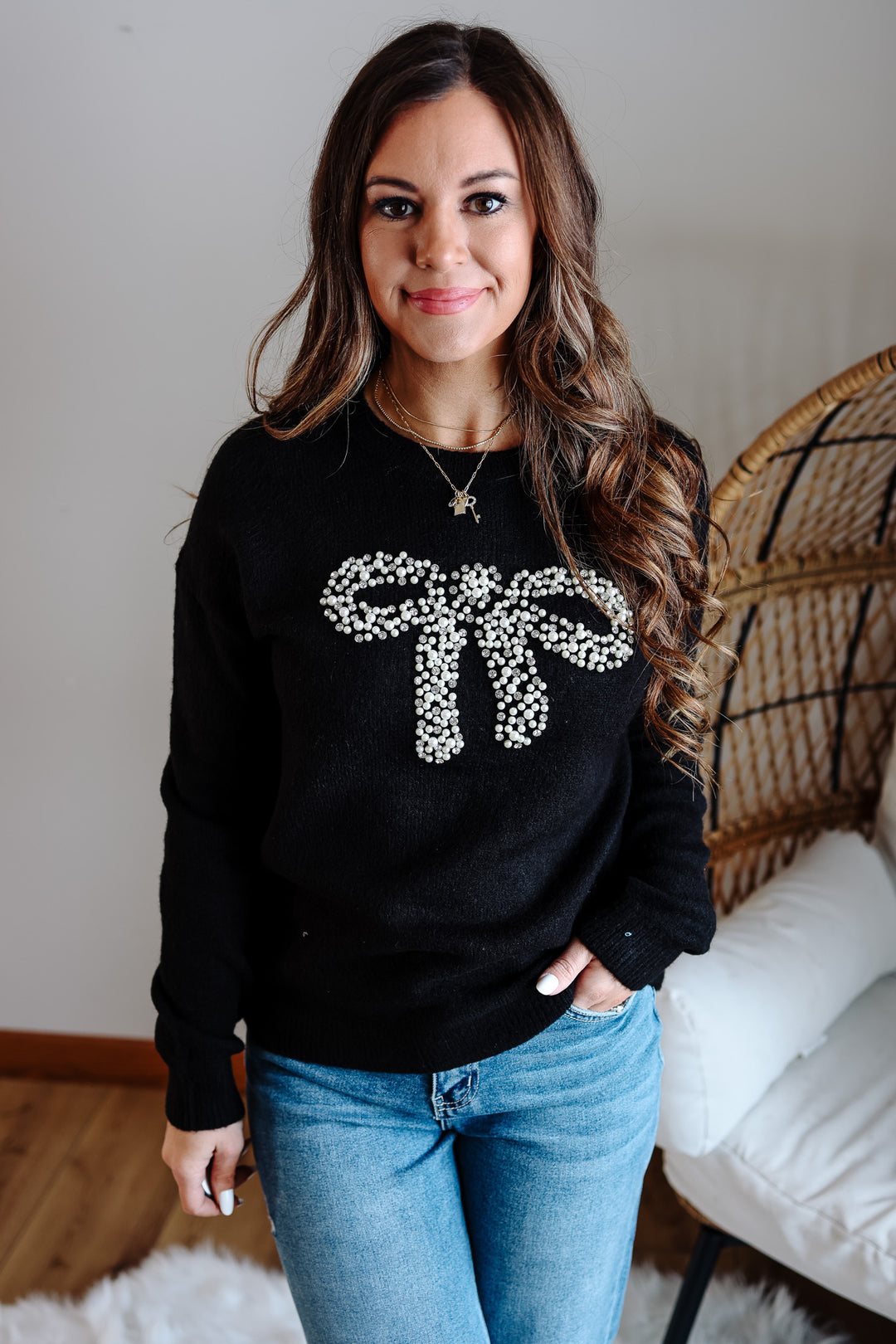 Pearl Bow Crewneck Sweater - Black