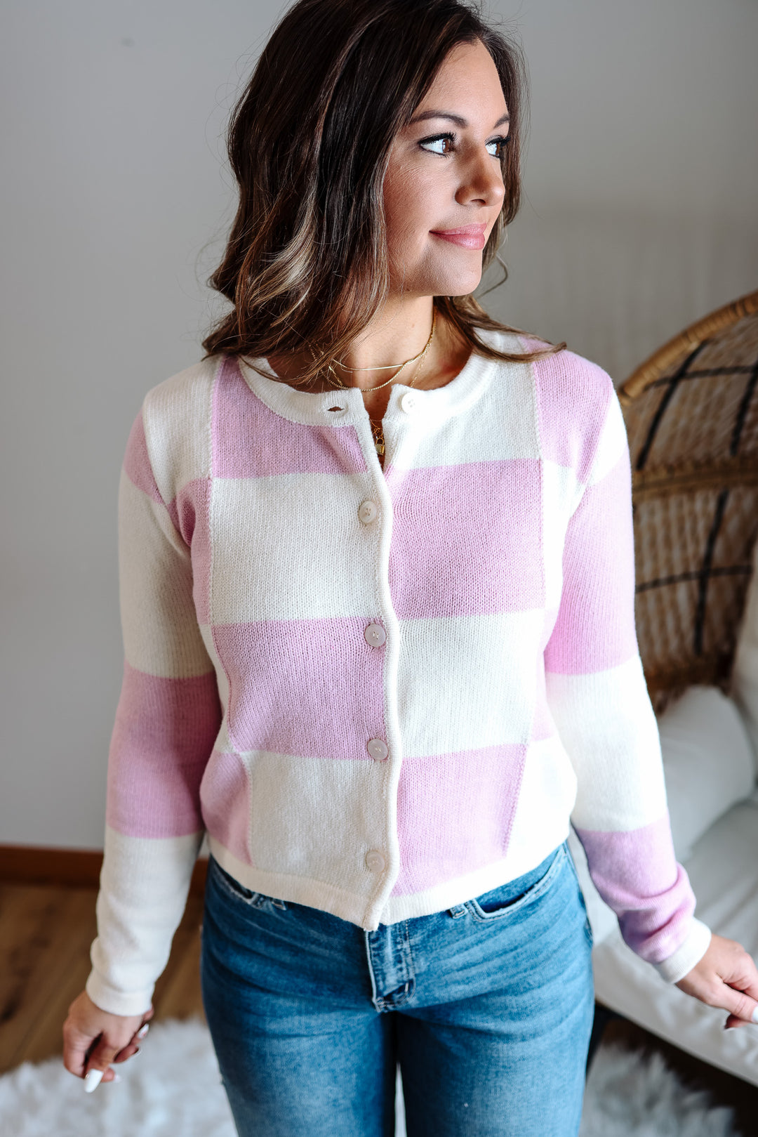 Posy Checker Cardigan - Orchid Pink